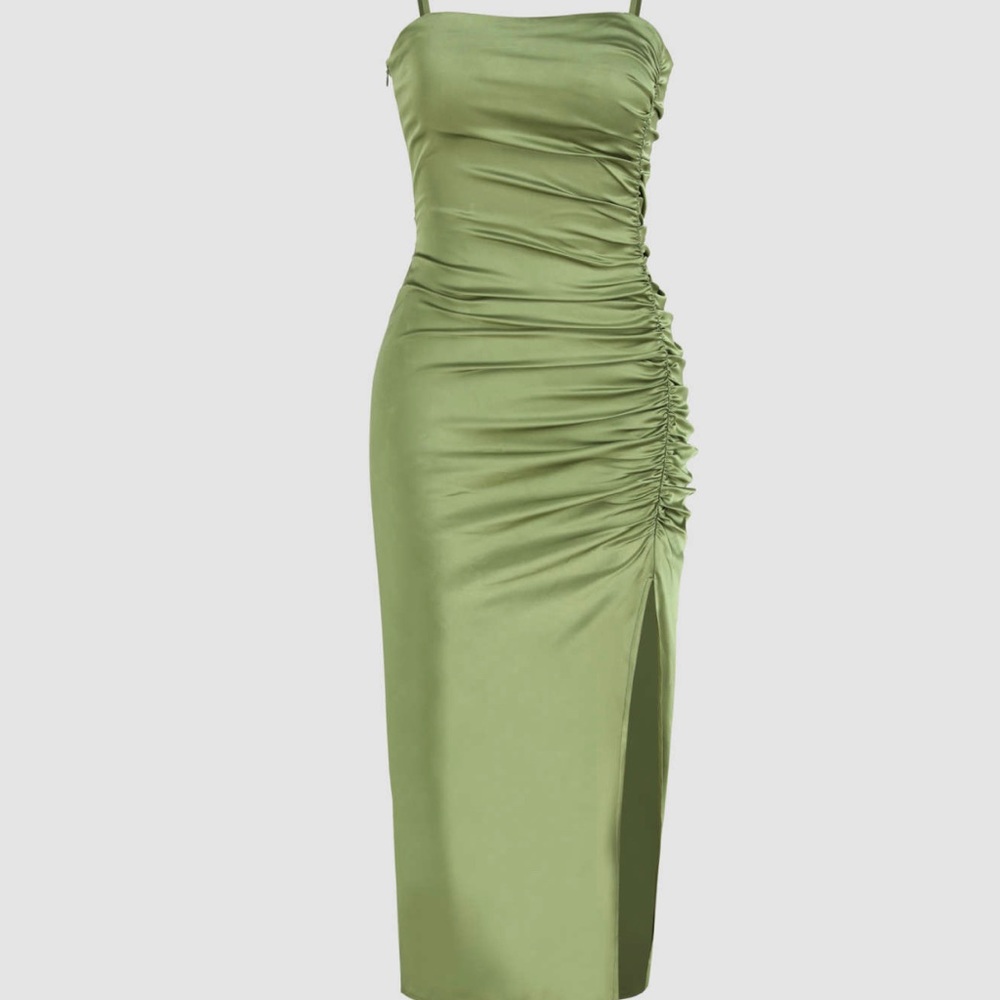 Solid satin ruched split midi cami dress from shopcider